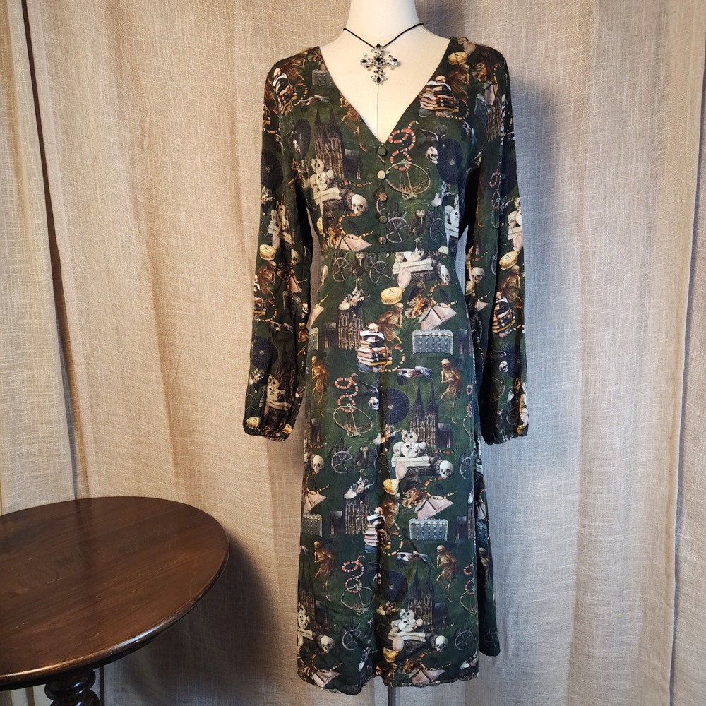 Disturbia Dark Academia Skull Snake Print Midi Dress Green US 10 Gothic Witchy